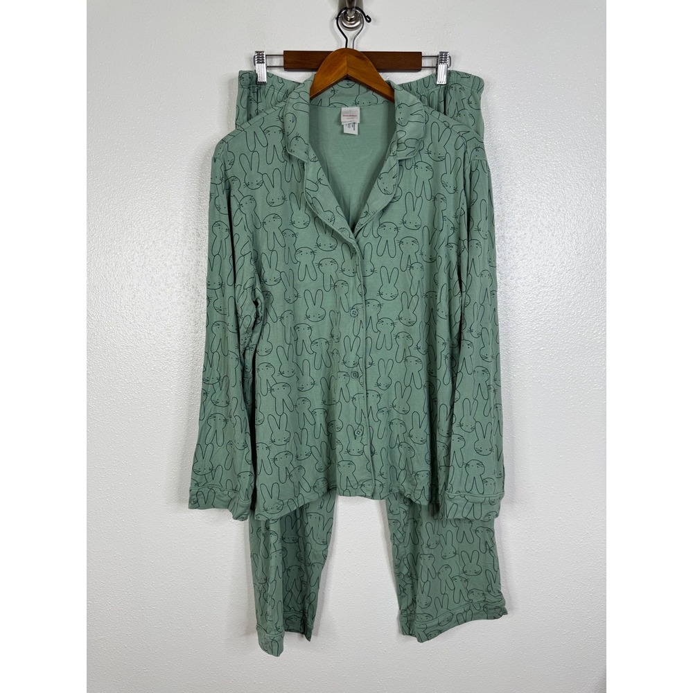 Hanna Andersson Pajamas L Green Bunny Rabbit Modal Button Down Pant Set Womens